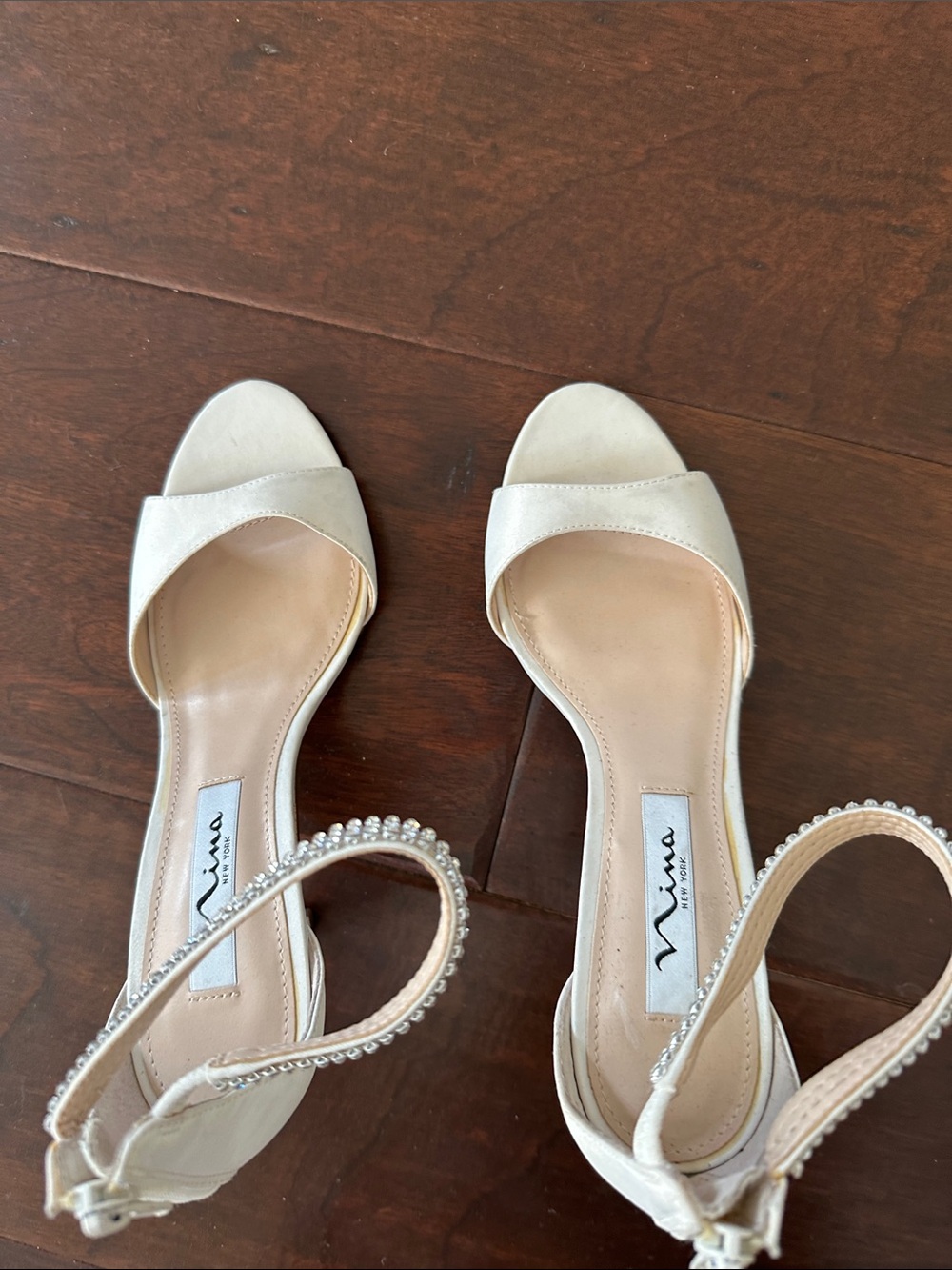 Nina Ivory Open-Toe Ankle Strap Heels with Beaded Trim
